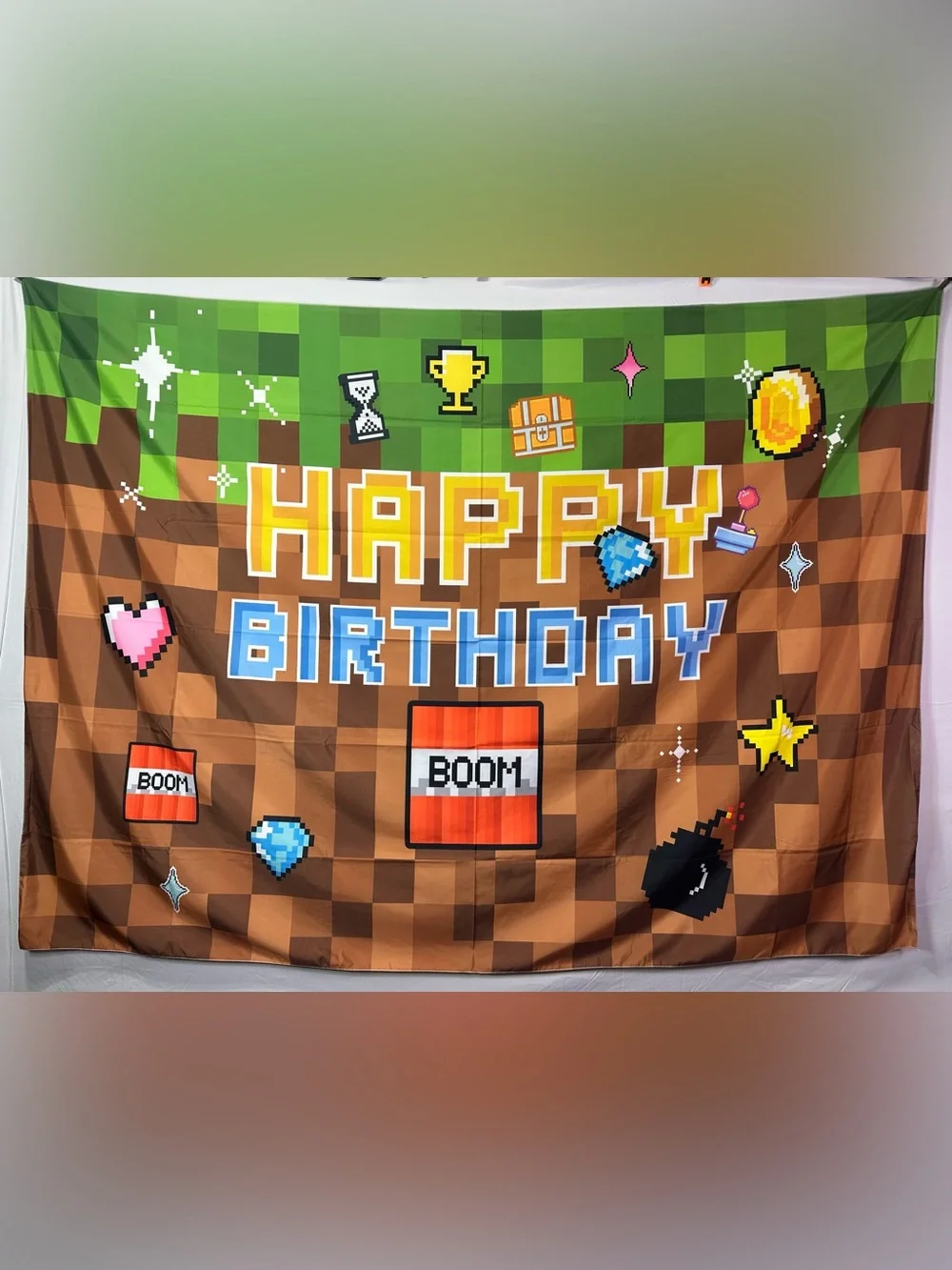 Large Mine Craft Theme Happy Birthday Backdrop Banner 7x5Ft.